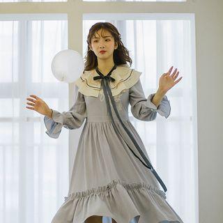 Set: Long-sleeve Frill Trim A-line Midi Dress + Ruffled Collar