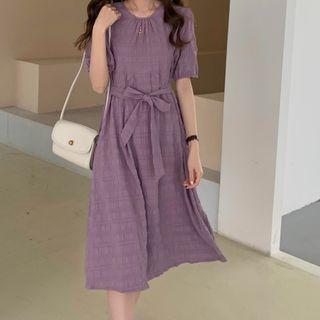 Short-sleeve Tie-waist Shirred Midi A-line Dress