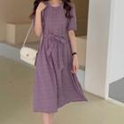 Short-sleeve Tie-waist Shirred Midi A-line Dress