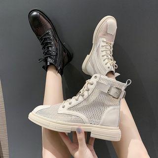 Platform Block Heel Mesh Lace Up Short Boots