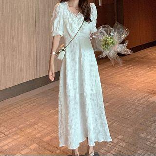Elbow-sleeve Crinkled Mini / Midi A-line Dress