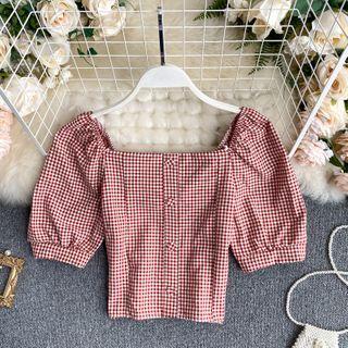 Square-neck Puff Short-sleeve Plaid Top