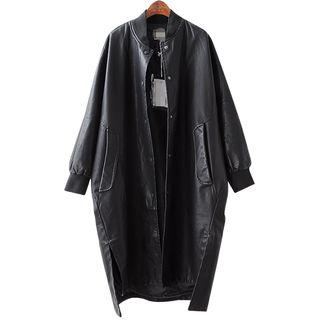 Faux Leather Long Baseball Jacket