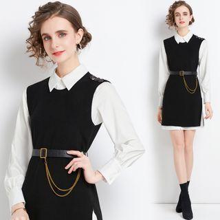 Set: Long-sleeve Mini Shirt Dress + Knit Mini Overall Dress + Belt