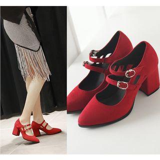 Double Strap Pointy Chunky Heel Pumps