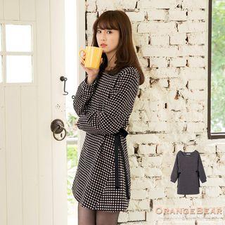 Long-sleeve Tie-side Houndstooth Dress