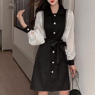 Mock Two-piece Tie-waist Mini A-line Dress