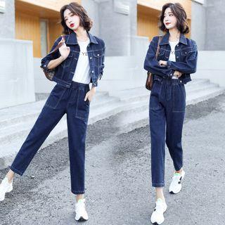 Set: Denim Jacket + High-waist Straight-leg Jeans