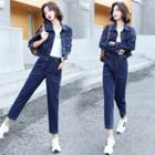 Set: Denim Jacket + High-waist Straight-leg Jeans