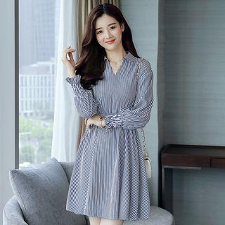 Striped Split Neck Shirt Dress