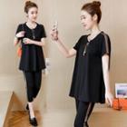 Set: Contrast Trim Short Sleeve T-shirt + Cropped Leggings