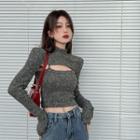 Set: Long-sleeve Mock-neck Shawl + Cropped Camisole Top