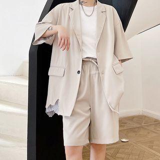 Pinstripe Panel Asymmetrical Oversized Blazer / Drawstring Dress Shorts