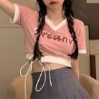 Short-sleeve V-neck Lettering Print Lace-up Crop Top White & Red & Pink - One Size