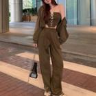 Lace-up Tube Top / Wide Leg Pants / Crop Zip Hoodie
