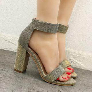 Block Heel Ankle Strap Glittered Sandals