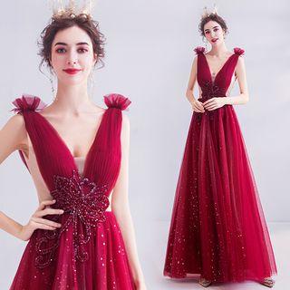 V-neck Sleeveless Embellished A-line Mesh Evening Gown