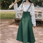 Set: Off-shoulder Shirred Blouse + Overall Skirt + Bandeau