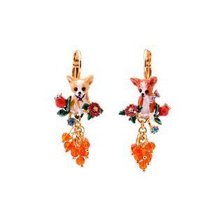 Fashion Cute Plated Gold Enamel Dog Flower Beaded Earrings With Cubic Zirconia Golden - One Size