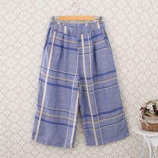 Plaid Wide-leg Pants Blue - One Size