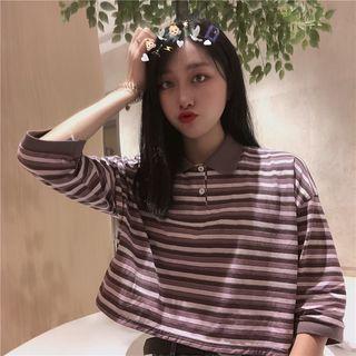 Elbow Sleeve Striped Polo Shirt