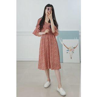 Petite Size Bell-sleeve Smocked-waist Floral Midi Dress