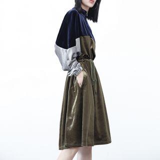 Drawstring-waist Colorblock Velvet A-line Dress