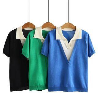 Mock Two-piece Short-sleeve Color Block Knit Top