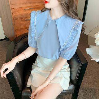 Elbow-sleeve Collar Ruffled Top