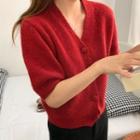 Button Short-sleeve Knit Top Red - One Size