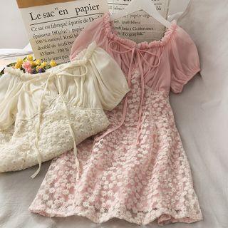 Patchwork Boatneck Daisy-embroidered Lace Mini Dress