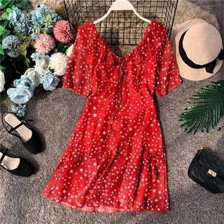 Ruffle-hem Star Print Chiffon Dress Red - One Size