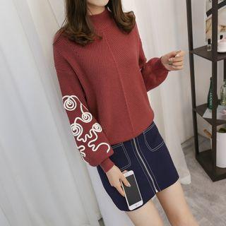 Patterned Mock-neck Balloon-sleeve Sweater