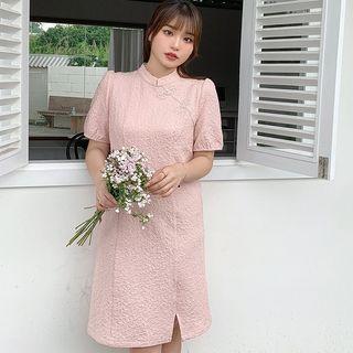 Short-sleeve Stand-collar Plain Slit Qipao Dress