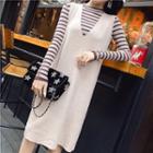 Set: Long-sleeve Striped Knit Top + V-neck Pinafore Dress
