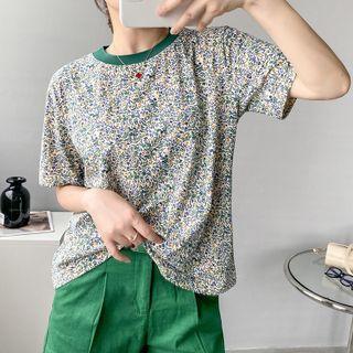 Short-sleeve Floral Top Yellow & Blue Floral - Off-white - One Size