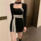 Long-sleeve Mesh Trim Mini Bodycon Dress Black - One Size