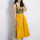 Set: Striped Knit Camisole Top + Button Midi A-line Skirt