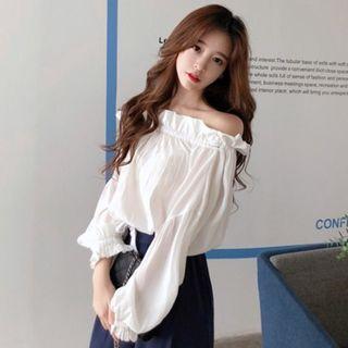 Frilled Off Shoulder Blouse White - One Size