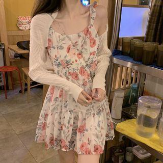 Spaghetti-strap Floral Print Mini A-line Dress / Long-sleeve Shrug