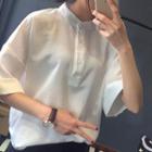 Mandarin Collar Half-placket Chiffon Shirt