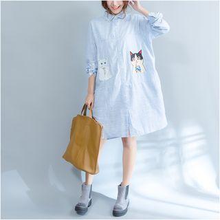 Cat Embroidered Long-sleeve Shirt Dress