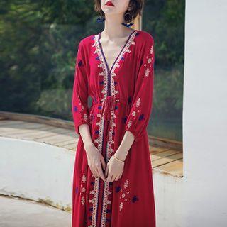 3/4-sleeve Embroidered Drawstring-waist Midi A-line Dress