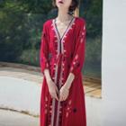 3/4-sleeve Embroidered Drawstring-waist Midi A-line Dress