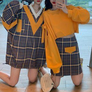 Cold-shoulder Pullover / Plaid Pullover / A-line Skirt