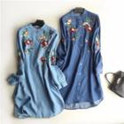 Long-sleeve Flower Embroidered Denim Shirt Dress