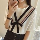 Bow Accent Striped Elbow Sleeve Top
