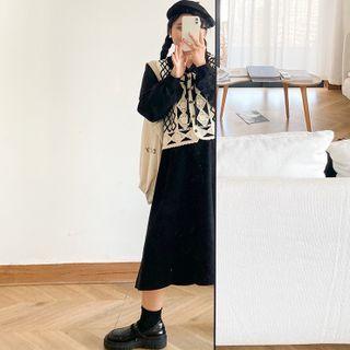 Set: Long-sleeve Plain Shirtdress + Perforated Vest