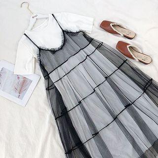 Set: Plain Short-sleeve T-shirt + Mesh Sleeveless Dress