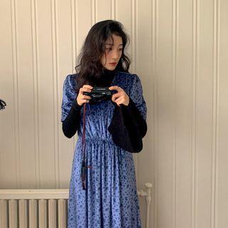 Gathered Floral Velvet Long Dress